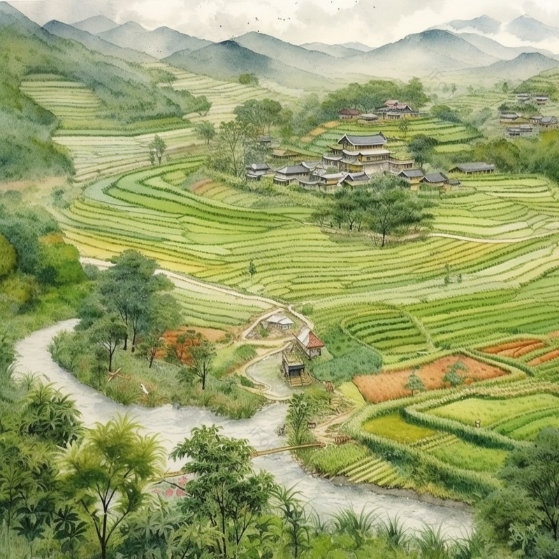 国风宁静的乡间古宅建筑写实水墨插画,插画/手绘图,插画/手绘图库,插画/手绘图下载,插画/手绘
